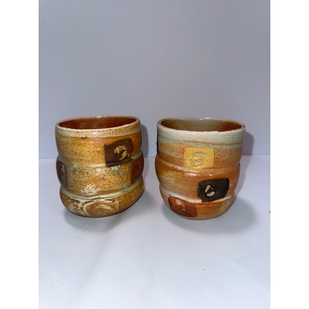 Studio Pottery Handcrafted Tea Cups Pair Brown Tan Salt Glazed Ribbed Tumblers